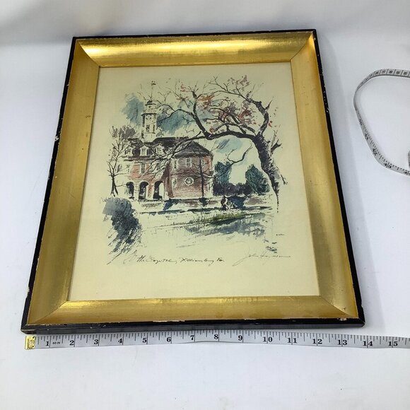 Framed art print Colonial Williamsburg watercolor John Haymson gold frame 14x17 - Picture 5 of 6